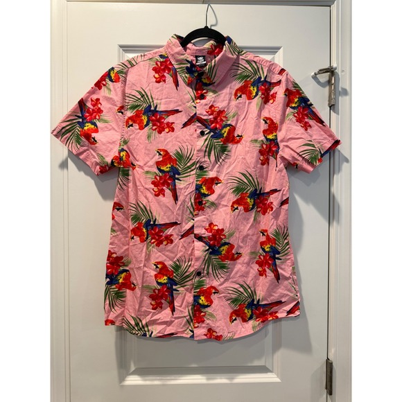 Neff Other - Neff Mens Pink Parrot Tropical Hibiscus Print Cotton‎ Short Sleeve Button Up